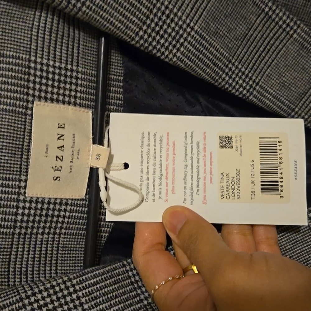 Sezane Tina Wool Gray London Check Print Jacket - Picture 8 of 14